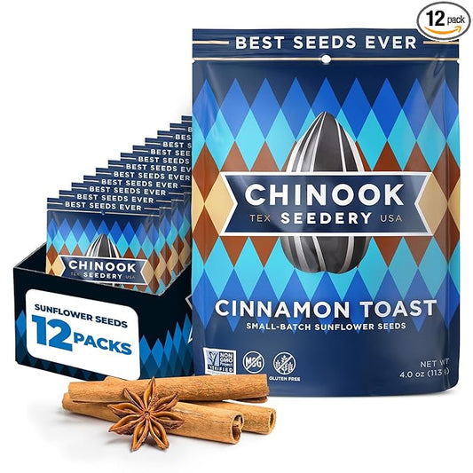 Chinook Seedery Roasted Jumbo Sunflower Seeds - Keto Snacks - Best For Snack Packs - Gluten Free, Non GMO Snack Food Gifts - 4 ounce (Pack of 12) - Cinnamon Toast Flavor