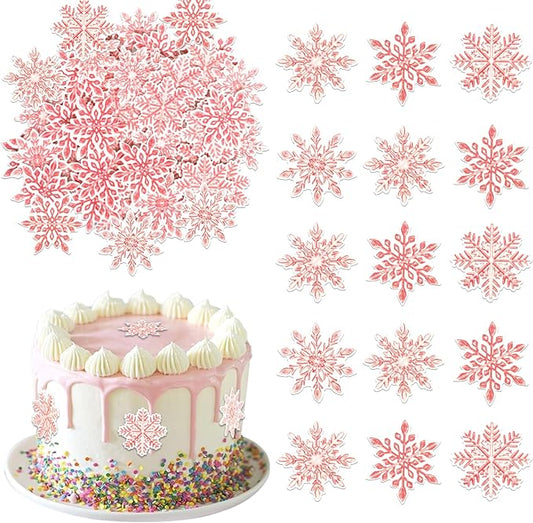 60 PCS Edible Snowflake Cupcake Toppers Wafer Paper Frozen Cupcake Topper Edible Snowflake Cupcake Picks Decoration for Winter Wonderland Christmas Birthday Party Cake Decorations Supplies White Pink