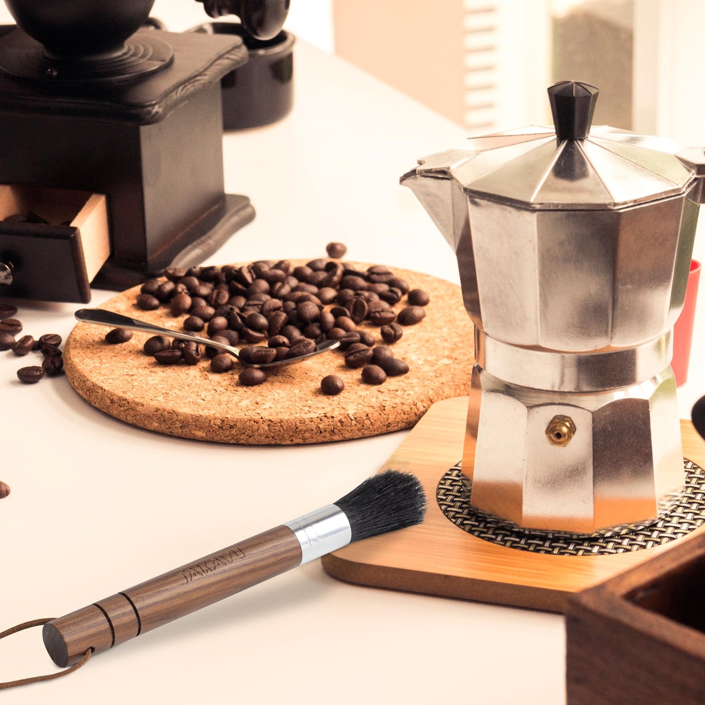 TAKAVU Coffee Grinder Brush, Natural Boar Bristle, Espresso Barista Cleaner