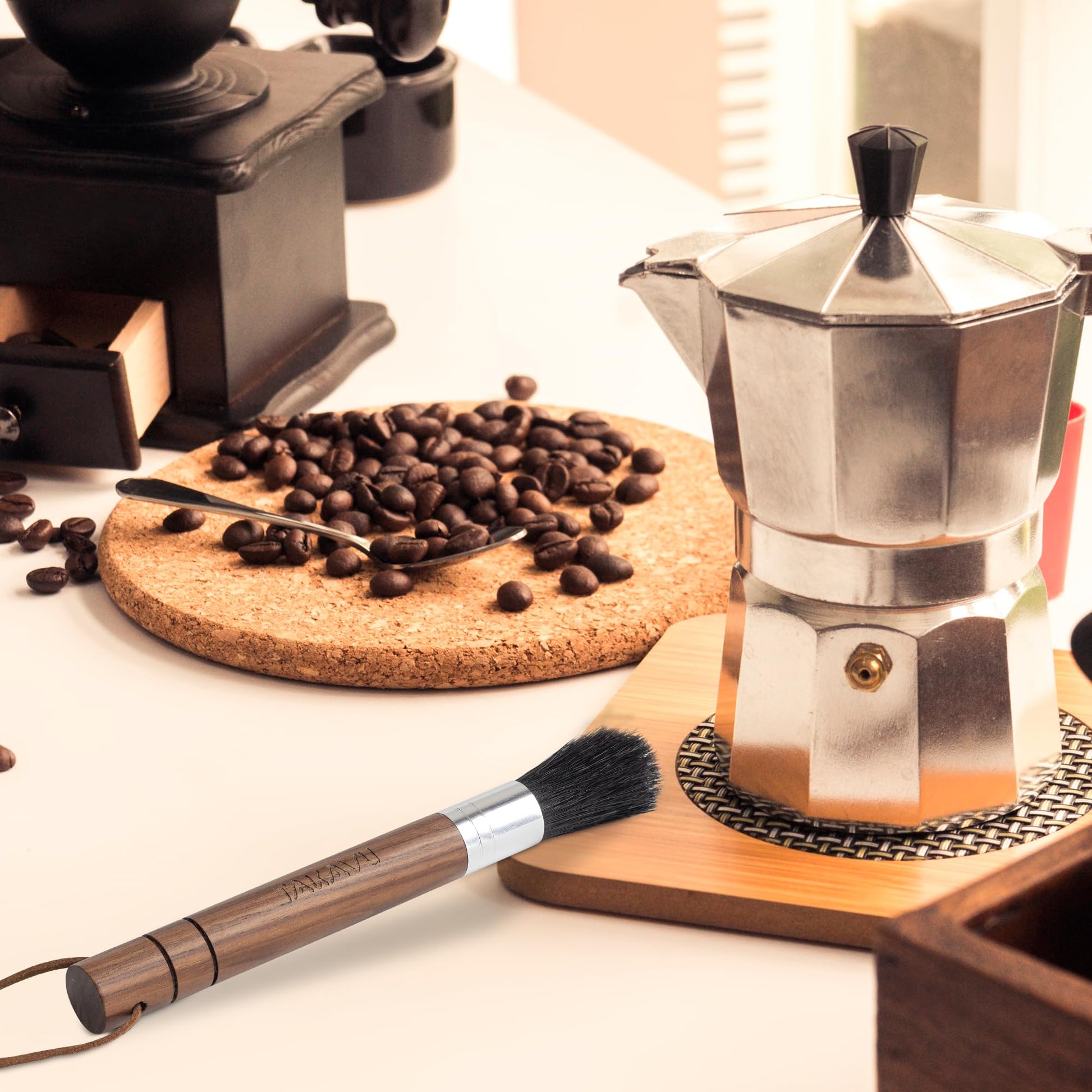 TAKAVU Coffee Grinder Brush, Natural Boar Bristle, Espresso Barista Cleaner