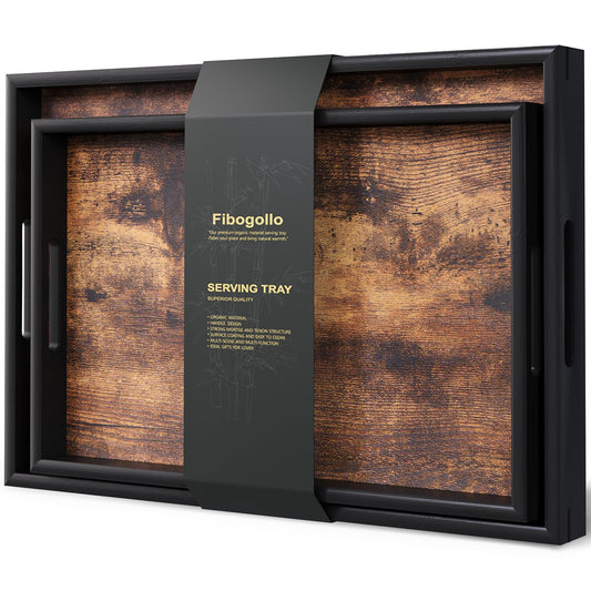 Fibogollo Set of 2 Wooden Serving Trays with Handles for Coffee Table