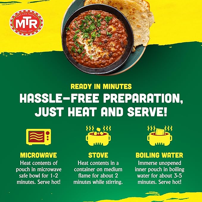MTR - Minute Meals: Dal Makhani - Rich Black Lentil Curry - Authentic Indian Ready-To-Eat Meal - No Added Preservatives - A Quick Meal Suitable for Vegetarians, Ready in Minutes! (Pack of 6)