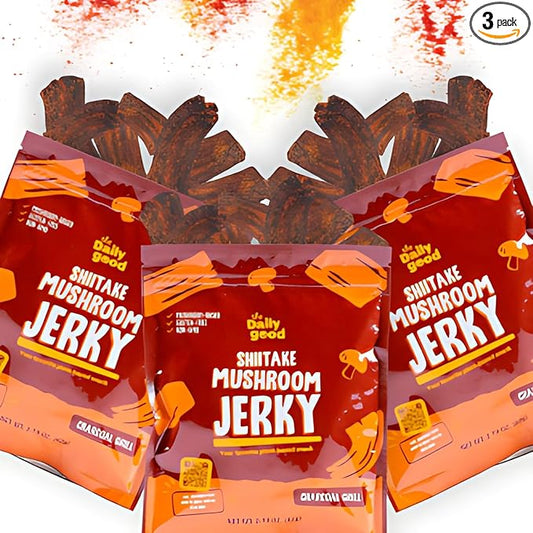 The Daily Good Mushroom Jerky - 3-Pack Snacks, Yummy High-Fiber Mushroom Snack, Meatless & Gluten-Free Food, Contains Eggs, Made from Shiitake Stalk, 0.58 lbs., Vegetarian, Charcoal Grill (BBQ Flavor)