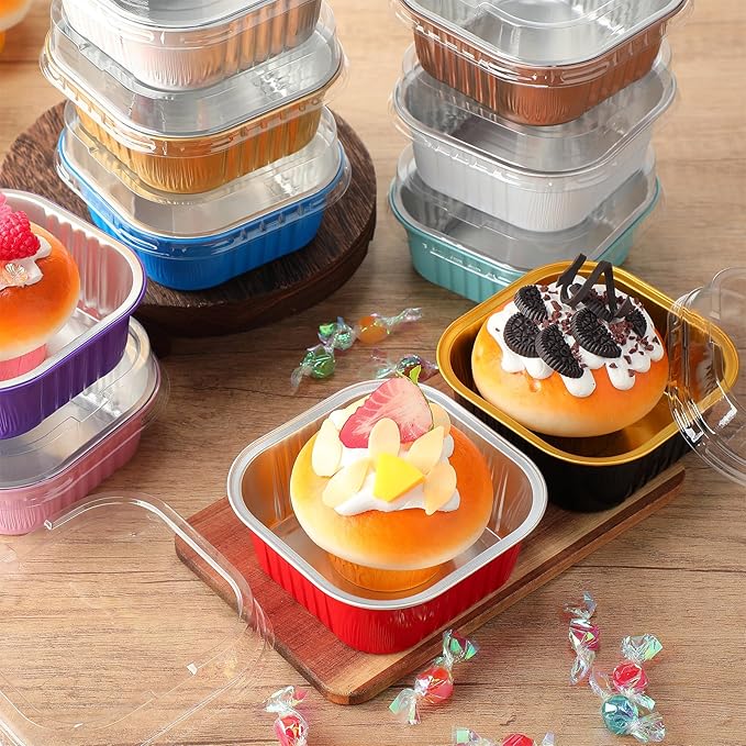 Aoriher 150 Pieces 10 oz Mini Cake Pans with Lids Aluminum Foil Baking Cups Square Disposable 4" x 4" Large Cupcake Cups Baking Tins for Kitchen Brownie Pudding Desserts Holders(Colored)
