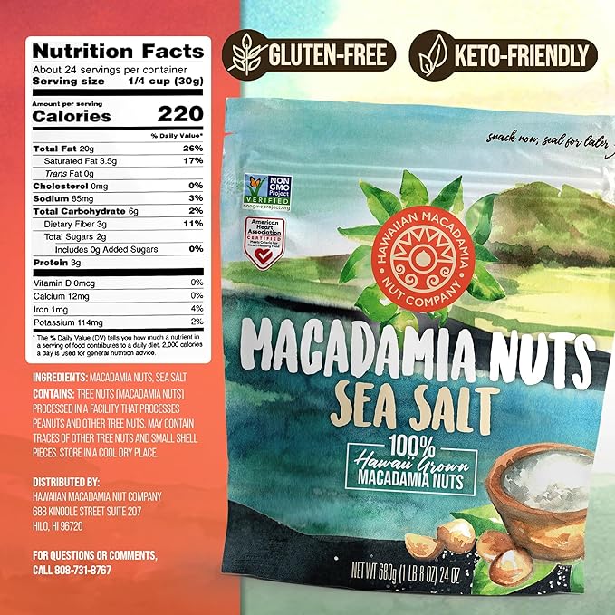 Hawaiian Macadamia Nut Company Dry Roasted Macadamia Nuts with Sea Salt 24 Oz, Source of Fiber, Gluten-Free and Certified Non-GMO, Premium Quality, Crunchy and Delicious