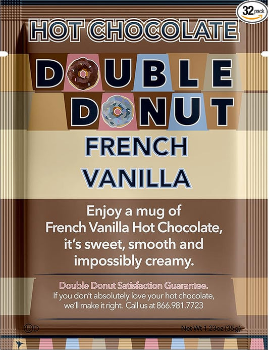 Double Donut French Vanilla Hot Chocolate Mix Packets, Flavored French Vanilla Hot Cocoa Mix, 32 Count