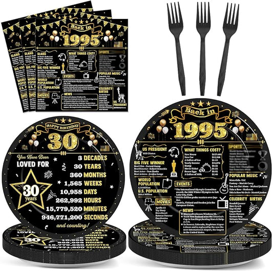96Pcs 30th Birthday Plates and Napkins Back in 1995 Party Decorations Black Gold 30 Year Old Party Dessert Plates 1995 Tableware for 24 Guests 30th Theme Men Woman Birthday Supplies
