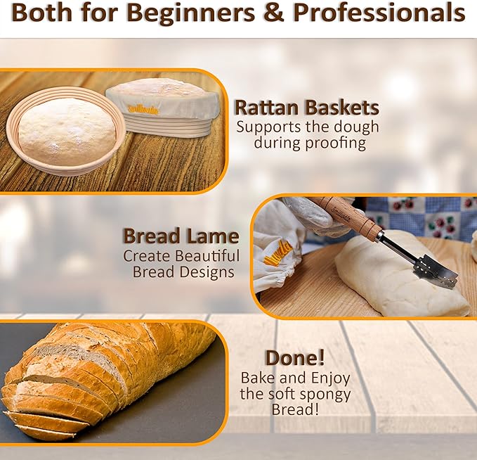 Set of 2 Banneton Bread Proofing Basket with linen Liner, 9" Round & 10" Oval bread basket with 9 Essential Bread Making Tools ??Rattan Sourdough Banneton Basket Kit for Baking Enthusiasts