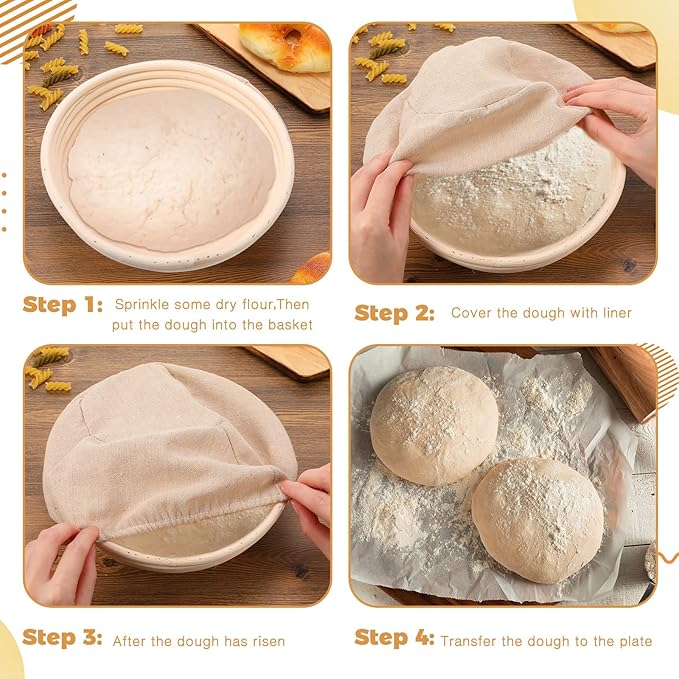 Patelai 10 Pieces Banneton Bread Proofing Basket Round Sourdough Proofing Basket Banneton Basket Dough Bowl with Liners and Scrapers for Home Making Bread Bakers Baking(8.5 Inch)