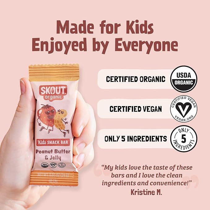 Skout Organic Peanut Butter & Jelly Real Food Bars for Kids (18 Pack) | Organic Snacks for Kids | Plant-Based Nutrition, No Refined Sugar | Vegan | Gluten, Dairy, Grain & Soy Free