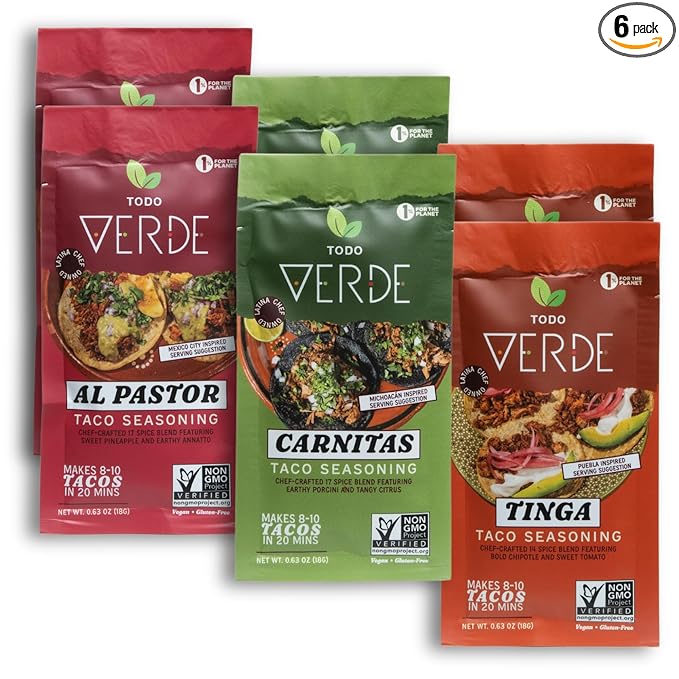 Taco Seasoning Packets - Todo Verde Mexican Seasoning Mix | Chef Curated Taco Blends with Black Garlic | Al Pastor, Carnitas, Tinga Variety Pack | Vegan, Gluten Free, Preservative Free (6 Pack)