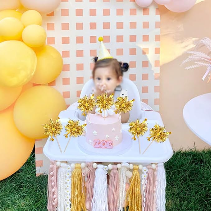 Rsstarxi 30 Pack Gold Firework Cupcake Toppers Birthday Cupcake Toppers Sparkle Tinsel Flower Drink Stirrers Cocktail Toothpicks for New Years Valentine's Day Party Cake Decorations
