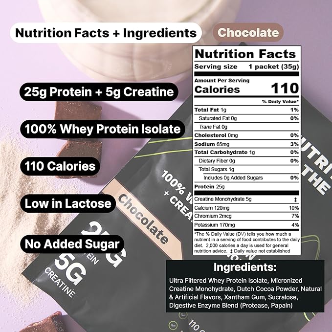Travel Whey Protein Isolate Packets ??Single-Serve Protein Powder ??25g Protein + 5g Creatine ??Chocolate (60-Pack)