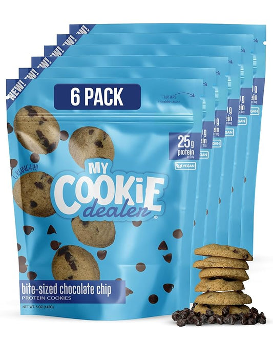 My Cookie Dealer Protein Cookies, Bite-Sized Crunchy Chocolate Chip Cookies (5oz, Pack of 6) - 25g Protein per Bag - Individually Wrapped Workout Snacks for On-The-Go Travel, Vegan