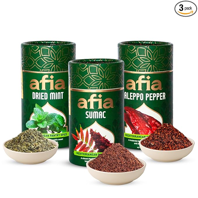 Afia Mediterranean Pantry Spices Gift Set | Aleppo Pepper, Dried Mint & Sumac | Seasoning Set for Steak, Chicken, Vegetables & BBQ Rub (Pack of 3)
