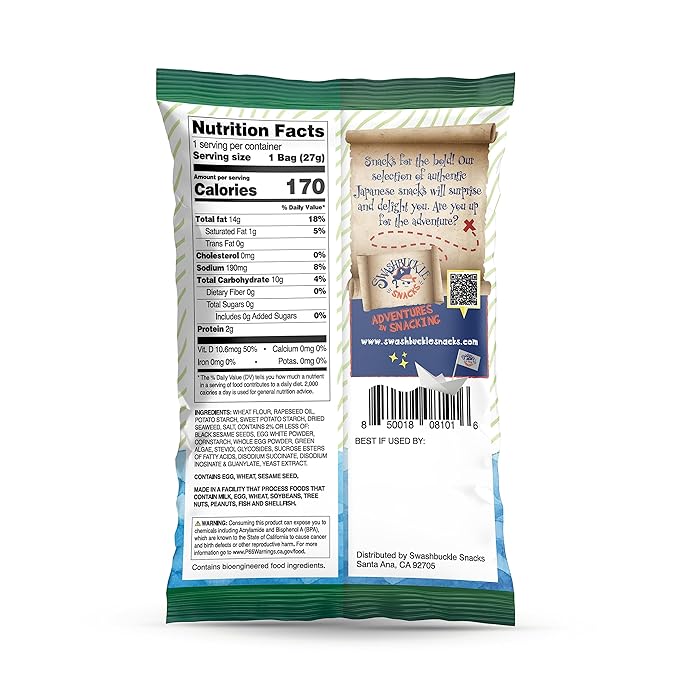 Japanese Tempura Seaweed Snack Chips, Noriten ??Original Flavor | 0.95oz x 5 | Made in Japan by Swashbuckle Snacks
