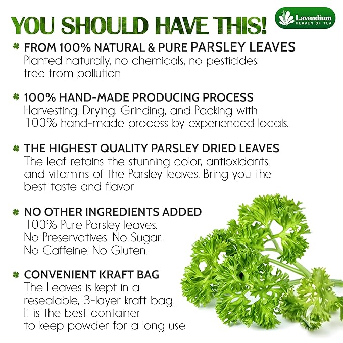 Lavendium, 4 oz Premium Dried Parsley Leaves ??100% Pure, Non-GMO, Gluten-Free, Vegan ??Aromatic Culinary Herb for Cooking, Garnish, and Seasoning ??No Additives or Preservatives ??Resealable Bag