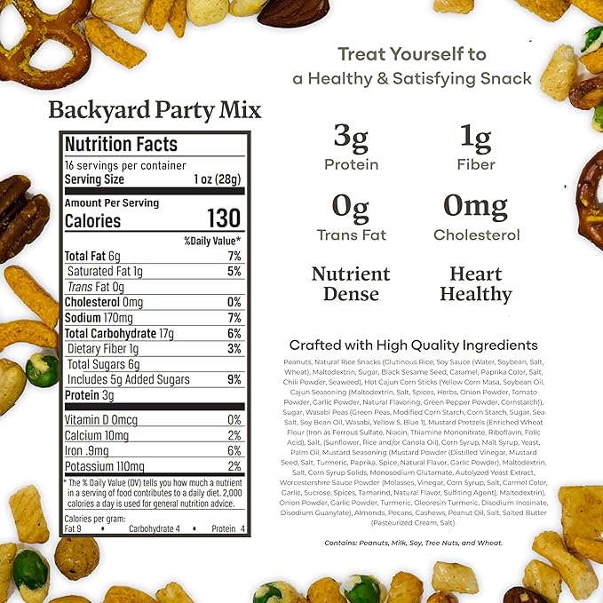 Belmont Peanuts Backyard Party Mix, 18 oz (Pack of 1) | Butter Toffee Peanuts, Wasabi Peas, Cashews, Corn & Rice Sticks, Pecans, Pretzels | Simple Ingredients, No Preservatives, Hand-Seasoned