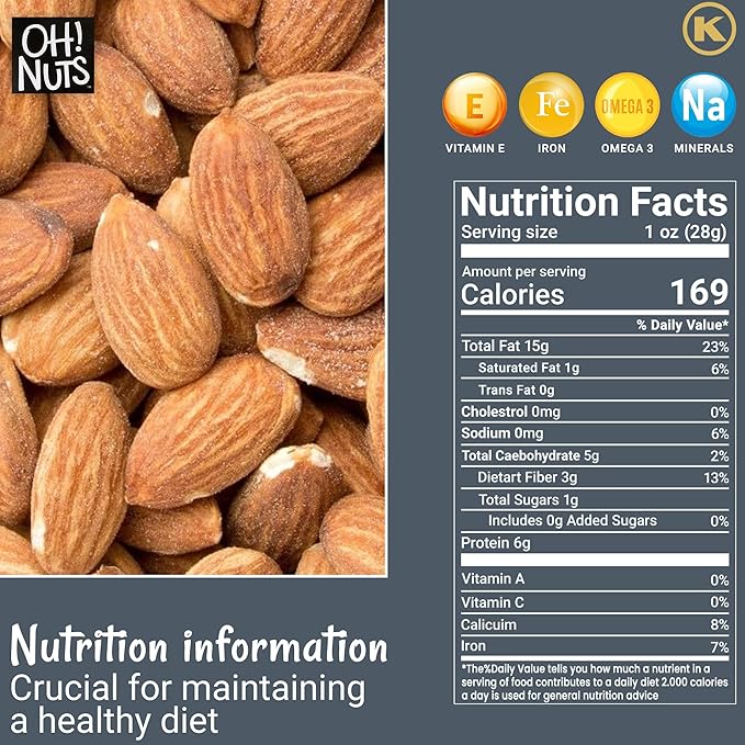 Oh! Nuts Almonds - Dry Roasted Unsalted Almonds - 5 lb - No Salt, No Oil All-Natural Protein - Packed in New York Zip-Seal Bag for Exceptional Freshness