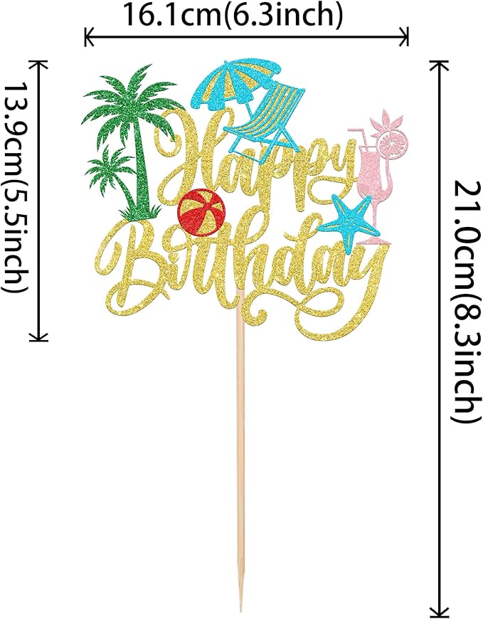 Rsstarxi 1 Pack Summer Beach Happy Birthday Cake Topper Chair Ball Umbrella Palm Tree Cupcake Picks Pool Birthday Cake Decorations for Summer Hawaiian Birthday Party Supplies Gold