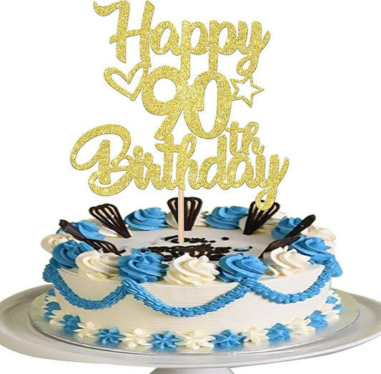 1 Pack Happy 90th Birthday Cake Topper Glitter Heart Star 90 Fabulous Cake Pick Birthday Sign Cake Decorations for Children 90th Birthday Theme Party Supplies Gold