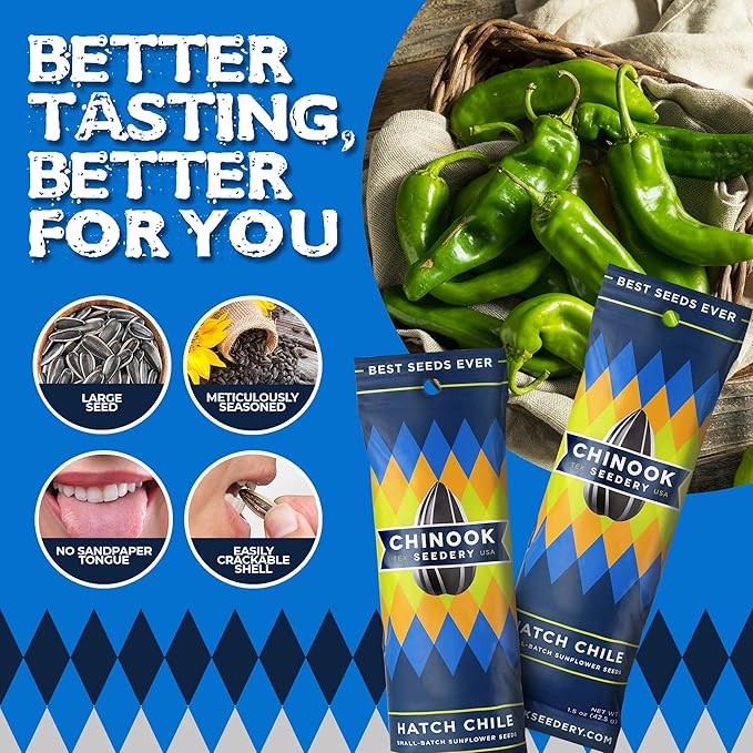 Chinook Seedery Roasted Sunflower Seeds to Eat - 1.5 oz (Pack of 36) Hatch Green Chile - Jumbo Low Sodium Sunflower Seeds Keto Snacks - Adventure, Baseball, School Snacks - Gluten Free, Non GMO Snacks