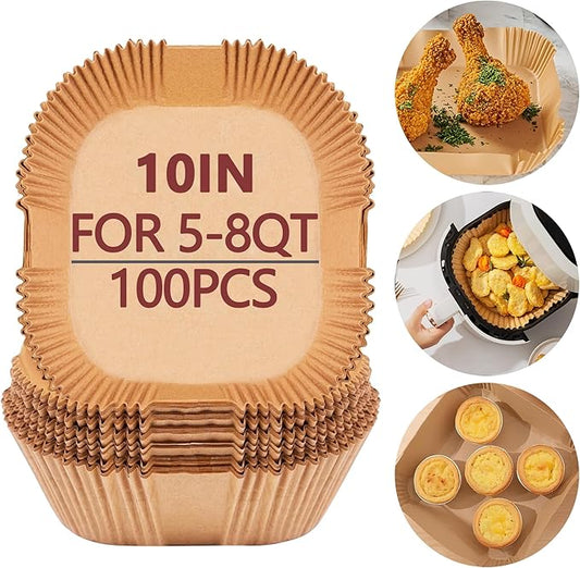 10 Inch Air Fryer Liners Disposable, 100 Pack Parchment Paper Sheets for Air Fryer Basket, Non-Stick, Disposable, Unbleached, Heat Resistant, Fits 5-8 QT Air Fryers, Oil-Free & Healthy Cooking