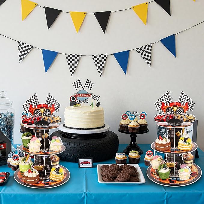 2 Pack Race Car Birthday Party Decorations Race Car Cupcake Stand 3 Tier Racing Cupcake Holder Truck Party Favors for Kids Boys Birthday Baby Shower Supplies