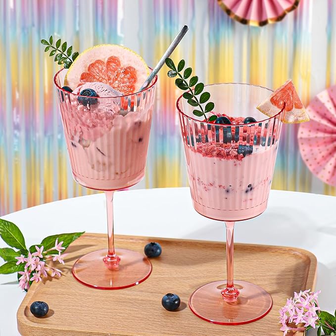 48 PCS Pink Plastic Wine Glasses with Removable Stems 13.5 Oz Pink Ribbed Wine Glasses Square White Wine Glass Muted Pastel Colors Goblets Elegant Fluted Glassware for Wedding Anniversary Birthday