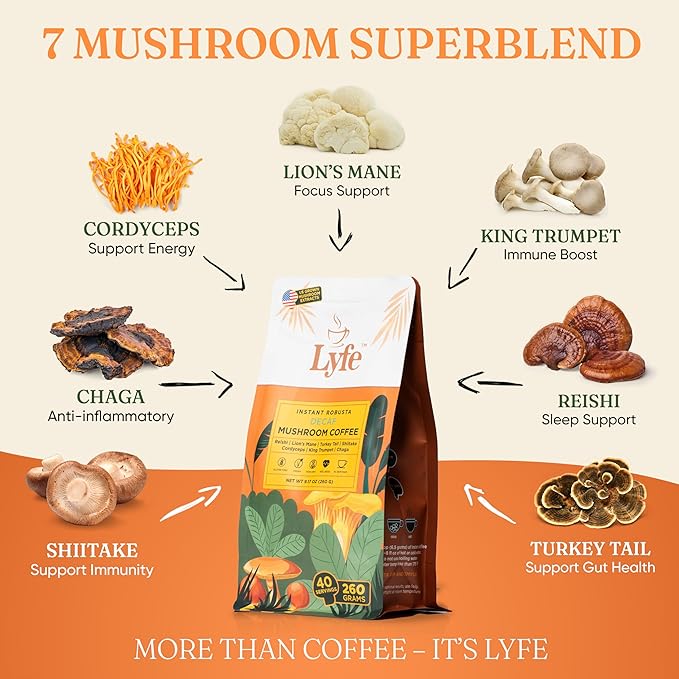 LYFE Organic Instant Decaf Mushroom Coffee ??Lion?™s Mane, Chaga, Cordyceps, Turkey Tail | USA Grown Adaptogenic Mushrooms for Better Energy, Focus, Gut Health, Immunity ??40 Servings