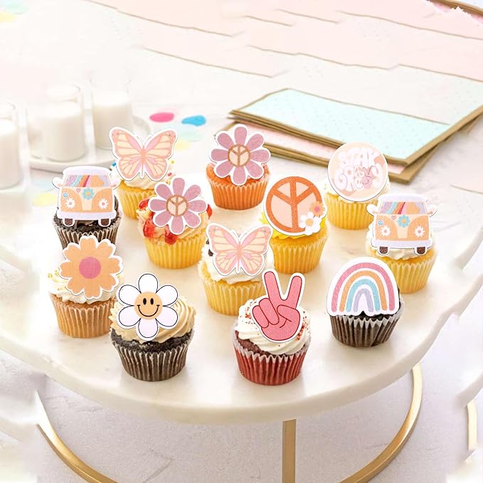 63 PCS Edible Hippie Party Cupcake Toppers Peace Sign Hand Butterfly Two Groovy Cupcake Picks Dasiy 60s Retro Boho Cake Decorations for Hippie Two Groovy Carnival Theme Birthday Party Supplies