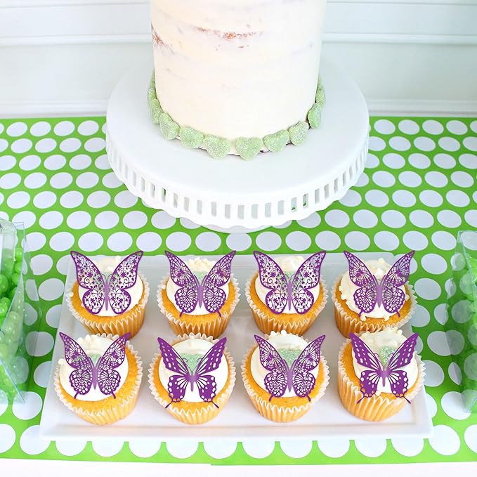 Gyufise 36 Pack Purple 3D Butterfly Cupcake Toppers Hollow Cake Decorations for Birthday Wedding Fairy Party Wall Sticker Decal