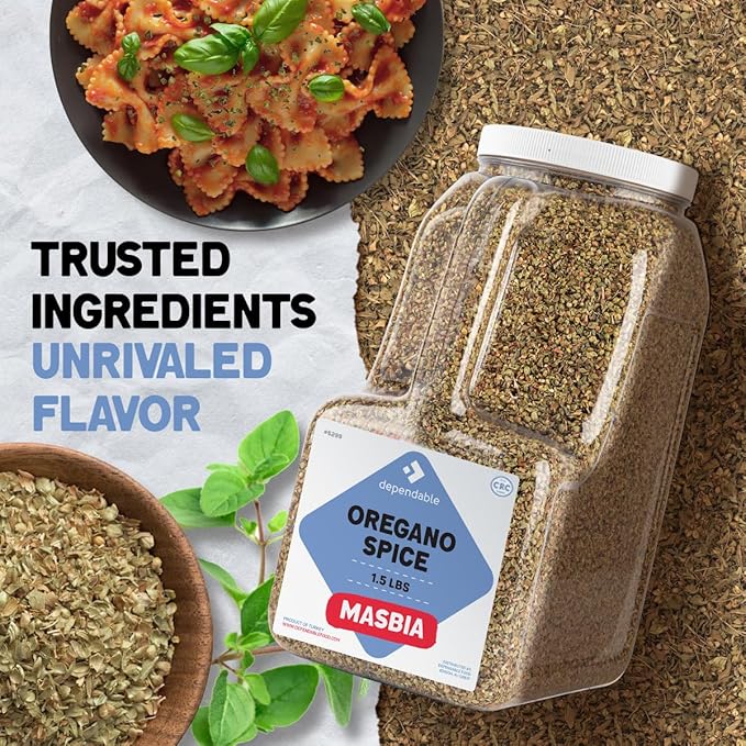 Dependable Food Oregano Seasoning - 1.5 Lb. Jar - Bulk, Kosher, 100% Natural Oregano Leaves for Chefs, Restaurants - Great for, Pizza, Pasta Sauces, Grilled Meats & More - Non-GMO Dried Oregano Leaves Spice - Allergen-Free