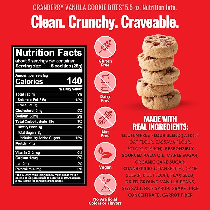 Every Body Eat Crunchy Cookie Bites, Gluten & Dairy Free, Vegan, School Lunch Snacks, (5.5 Ounce (Pack of 6), Cranberry Vanilla)
