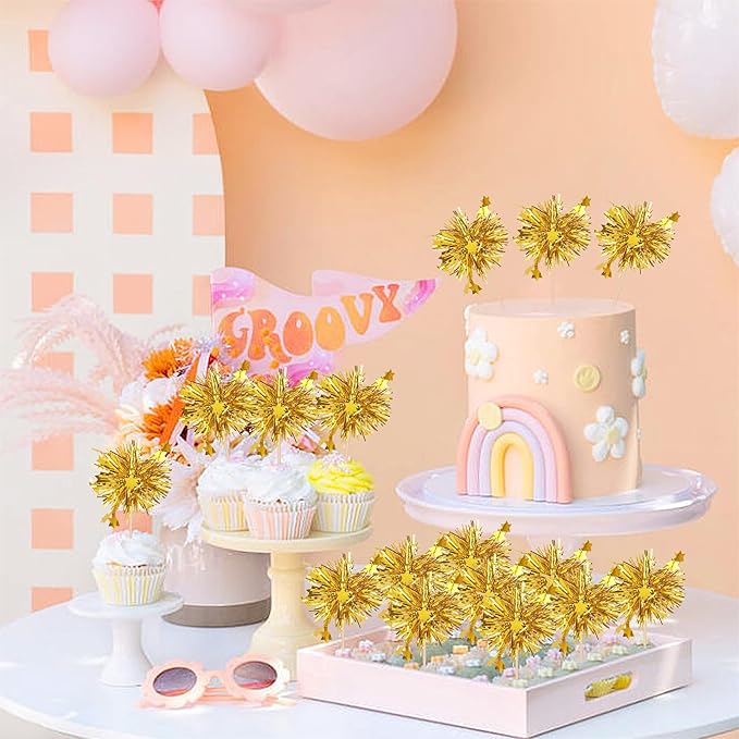 Rsstarxi 30 Pack Gold Firework Cupcake Toppers Birthday Cupcake Toppers Sparkle Tinsel Flower Drink Stirrers Cocktail Toothpicks for New Years Valentine's Day Party Cake Decorations