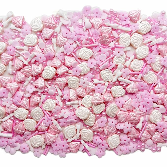 SE Si&Moos Pink Sprinkles Edible Pink Flowers for Cake Decorating Spring Sprinkles Cake Sugar Pearls Edible Icing Flowers Rose and Diamond Candy for Decorating Cake,Cupcake,Ice Cream,Donuts and Lollipops 3 OZ