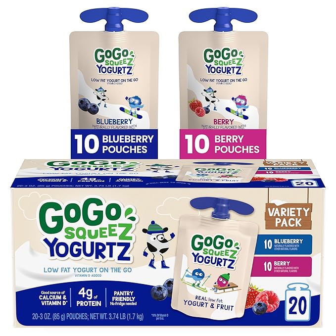 GoGo squeeZ yogurtZ Variety Pack, Blueberry & Berry, 3 oz (Pack of 20), Kids Snacks Made from Real Yogurt and Fruit, No Fridge Needed, Gluten Free, Nut Free, Recloseable Cap, BPA Free Pouches
