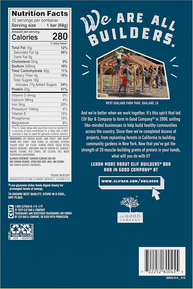 CLIF BUILDERS Protein Bars - Vanilla Almond Flavor - 20g Plant Based Protein - Gluten Free - Non-GMO - Low Glycemic - No Artificial Sweeteners - 2.4 oz. (12 Pack)
