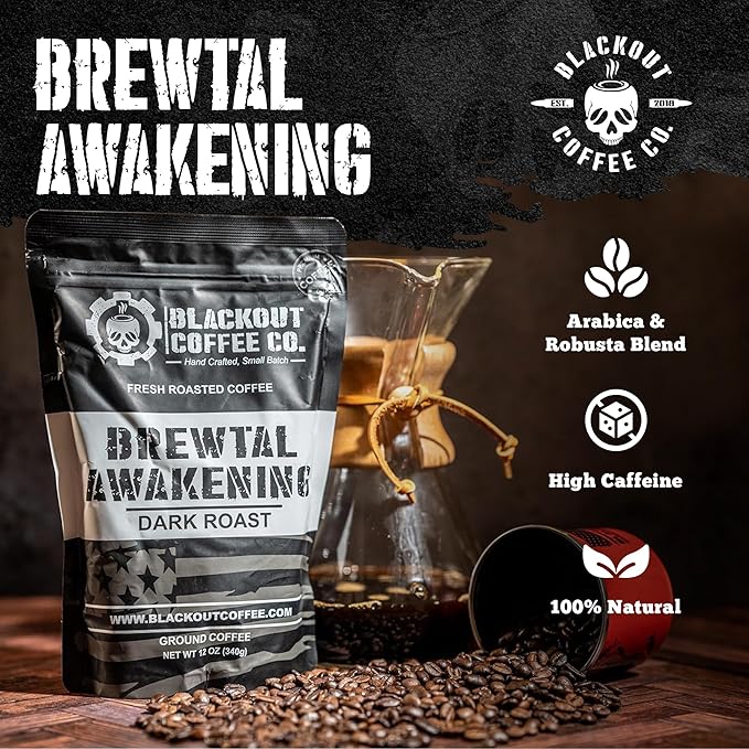 Blackout Coffee Brewtal Awakening Ground Coffee ??Dark Roast, Bold Flavor ??Freshly Roasted 12oz Bag, American Made