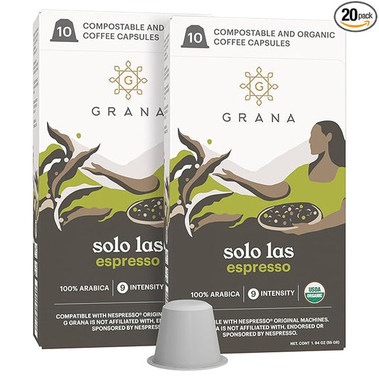 G GRANA Coffee Pods, Compatible with Nespresso OriginalLine, 20 Pack, Medium Roast, USDA Organic 100% Arabica Single Source Specialty Coffee, Compostable Single Serve Capsules, Solo Las