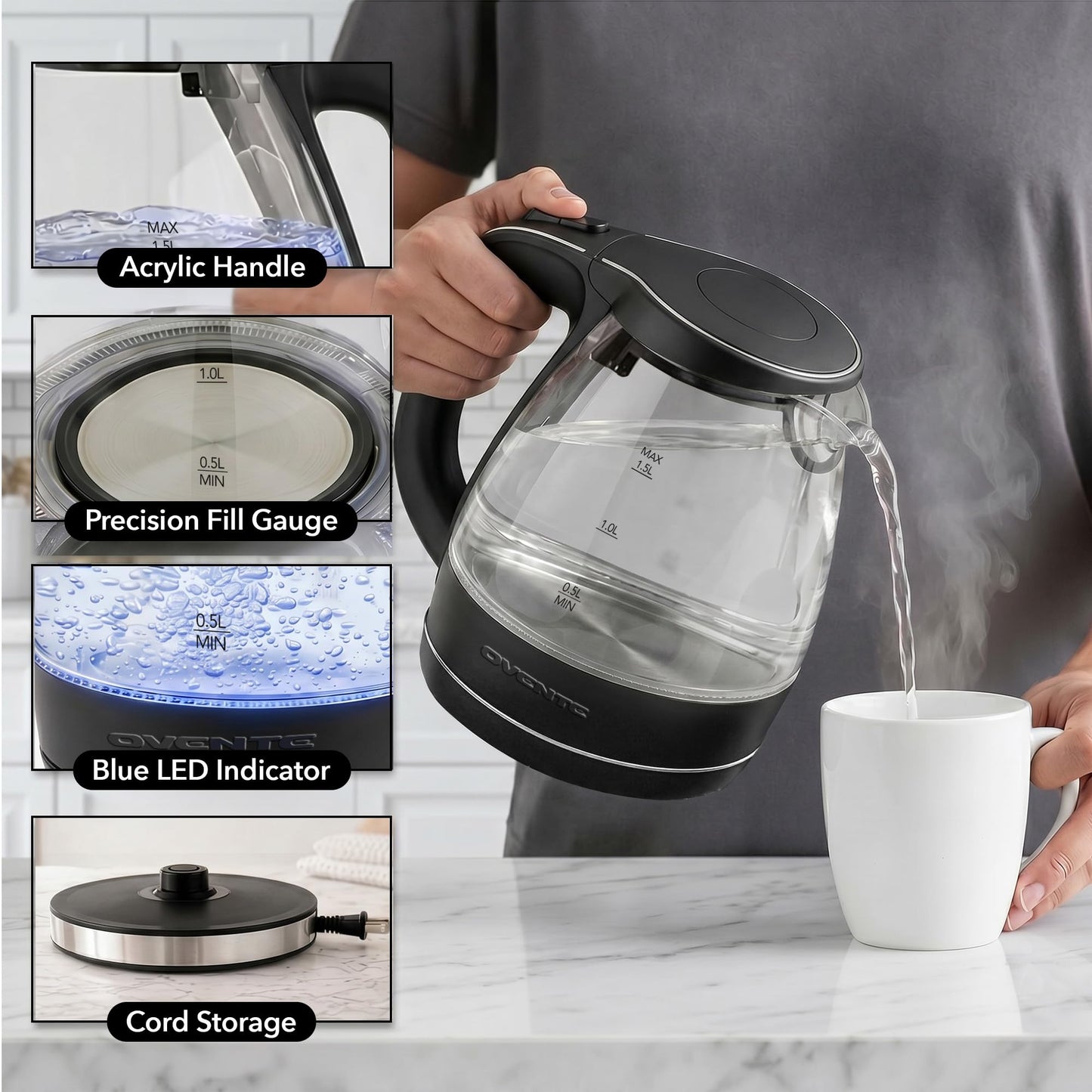 OVENTE 1.5L Glass Electric Kettle Water Boiler, Black KG83B