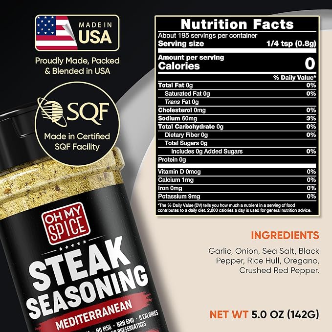Steak Seasoning Pizza Seasoning Blend Mix - Gluten Free & Low Sodium Italian Seasonings for Beef & Ribeye Steaks. Mediterranean Spices for Cooking. Meat Seasonings for Grilling. Steak Rub Salt. 5.5oz