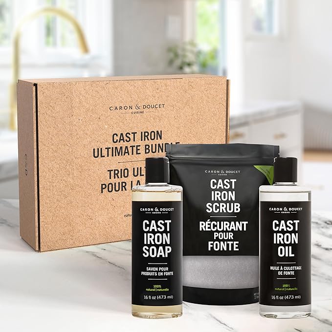 CARON & DOUCET ??Ultimate Cast Iron Set PLUS: Seasoning Oil, Cleaning Soap & Restoring Scrub | 100% Plant-Based & Best for Cleaning Care, Washing, Restoring & Seasoning Skillets, Pans & Grills!