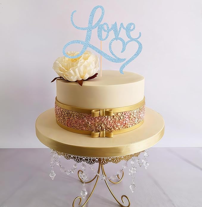 Love Cake Topper - Light Blue Glitter Paper Wedding Cake Decoration Supplies, Perfect for Bridal Shower/Engagement/Anniversary/Birthday Party