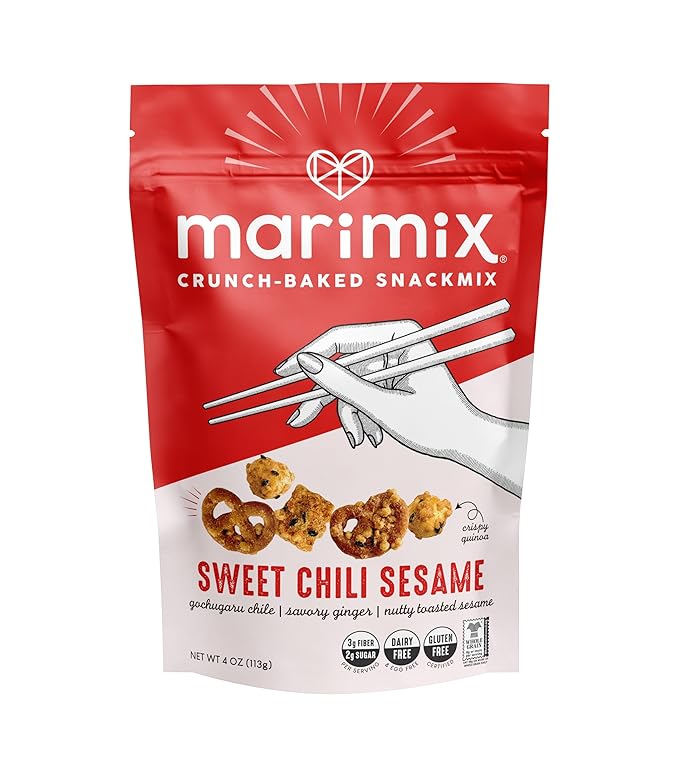 Marimix Snack Mix | Sweet Chili Sesame 3 Pack | Crunch Baked Sweet & Salty Savory Plant Based Naturally Gluten Free Whole Grain Fiber Charcuterie Pretzel Trail Party Mix | No Artificial Ingredients