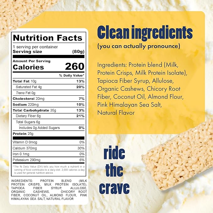 25g Protein Bar Crispy Rice Treat Vanilla | Clean Ingredients, No Added Sugar, 7g Fiber, Gluten Free | High Protein Snack for On-the-Go, Post-Workout or Dessert Cravings | 8 Count | TideTreats