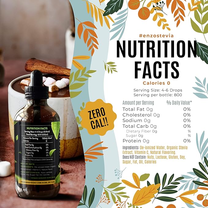 Enzo Liquid Stevia Drops Our Zero Calories Sweetener (4oz - 800 Servings/Bottle) - Cinnamon - All Natural flavoring with No Artificial Additives & Filler Ingredient