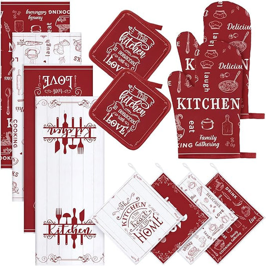 Bencailor 12 Pcs Farmhouse Kitchen Decor Sets, 8 Red Kitchen Dish Towels 2 Pot Holders 2 Oven Mitts Glove, Rustic Hand Towels and Dishcloths Sets for Home Decorations Accessories Christmas Mom Gifts
