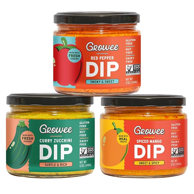 Growee Vegan Chip Dip & Queso Trio ??Dairy-Free Mayo & Salad Dressing Substitute ??Gluten-Free, Nut-Free Plant-Based Spread ??3 Flavors - Spiced Mango, Red Pepper & Curry Zucchini