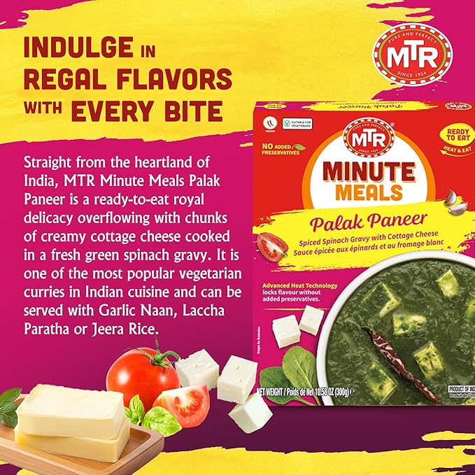 MTR - Minute Meals: Palak Paneer - Spiced Spinach Gravy with Cottage Cheese - Tasty Indian Meal with No Added Preservatives - A Quick Meal Suitable for Vegetarians, Ready in Minutes! (Pack of 6)